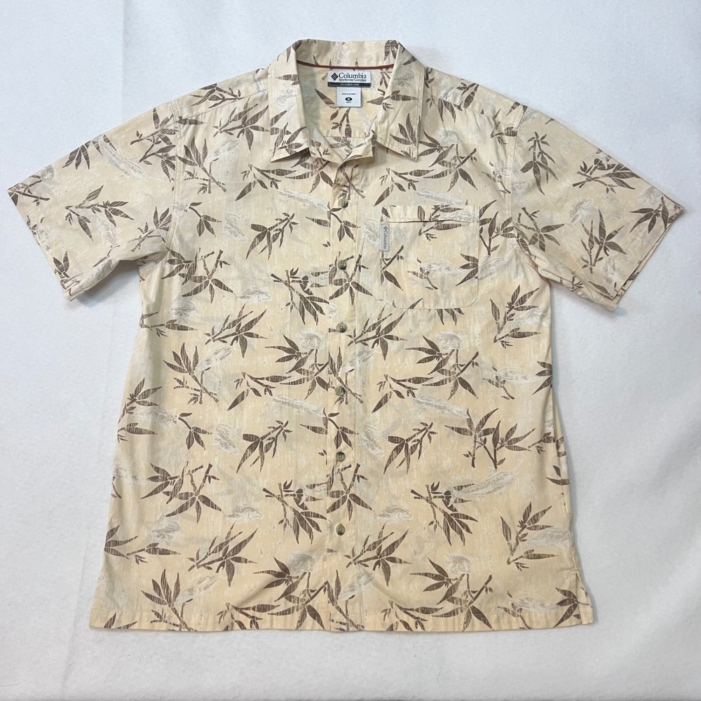 Columbia‎ Men's Tan Bamboo Tropical Print Preppy Short Sleeve Button Up Shirt M